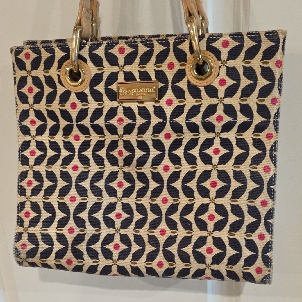 Spartina 449 Tote Bag Navy Pink Geometric Floral Canvas Leather Shoulder Bag - Picture 2 of 13